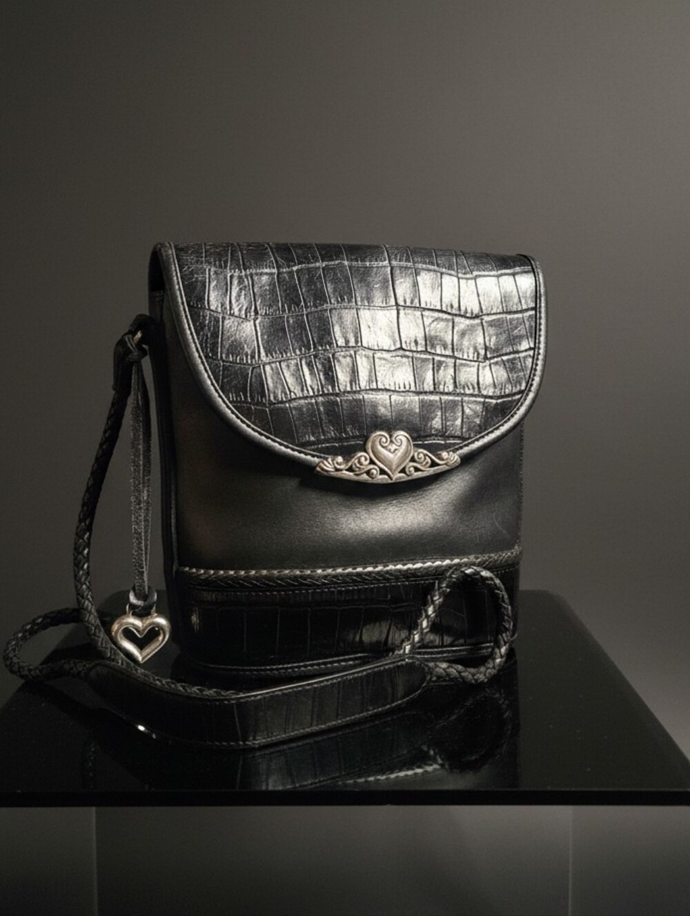 Brighton Vintage Caroline Leather Bucket Crossbody with Heart Medallion